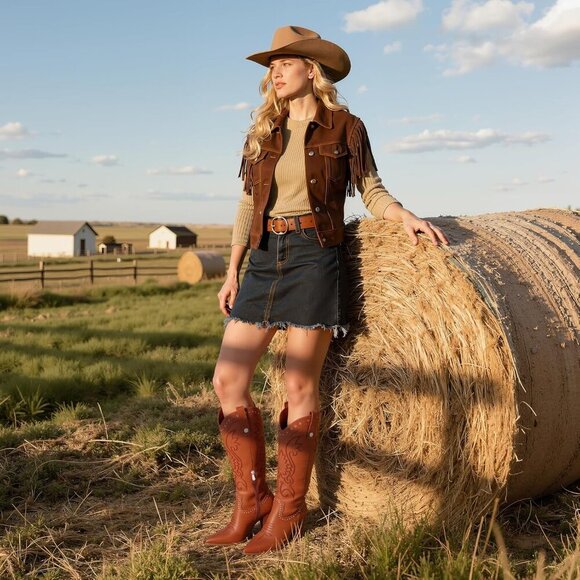 Women 2 Brown Embroidered Pointed Toe Knee High Western Chunky Heels Boots - Picture 6 of 7